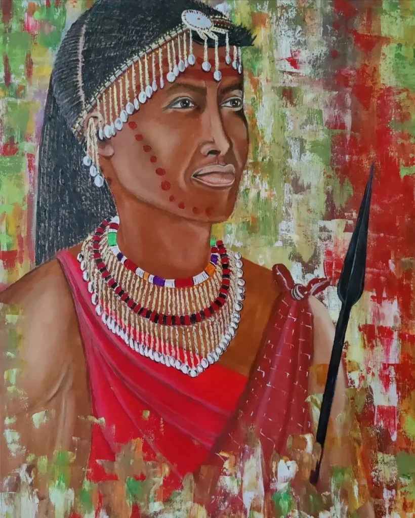 Massai in der glutroten Sonne der Savanne Öl und Acryl auf Leinwand.