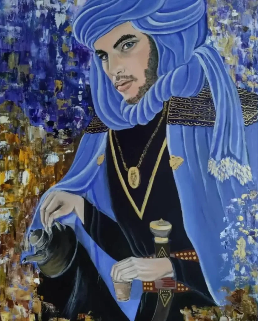 Tuareg unter dem Sternenhimmel der Sahara
ungerahmt, 70×100 cm in Öl und Acryl auf Leinwand, Portraitmalerei in Fine Art mit abstrakten Hintergrund, signiert und gekennzeichnet
