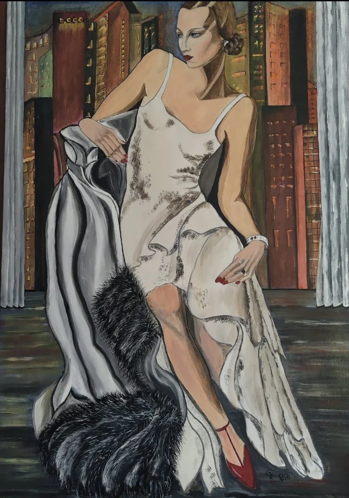 Ein Hauch von Art Nouveau

Junge Dame bereit zur großen Party

Acryl auf Leinwand, 70x100cm, unverkäuflich , da in Privatbesitz