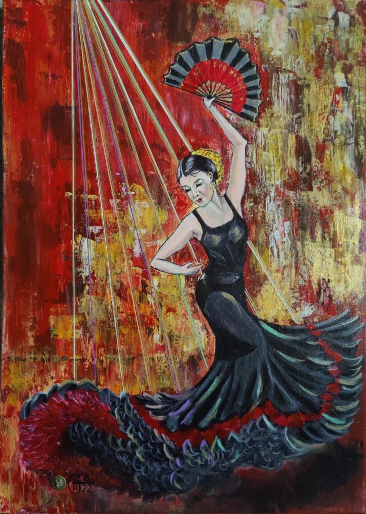 Andalusisches Feuer
Acryl auf Leinwand, 50x70cm, Feinmalerei mit abstraktem Hintergrund, ungerahmt, signiert und gekennzeichnet.